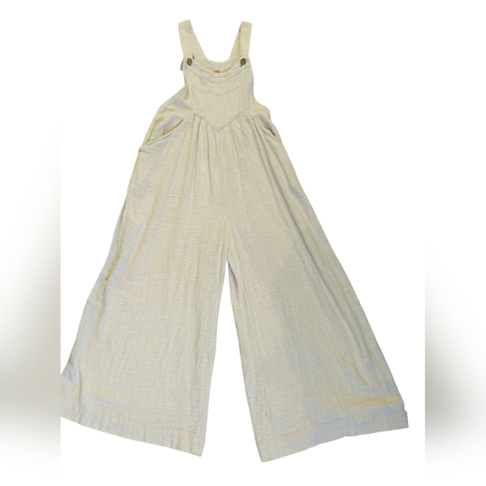 Free People Sundrenched Wide Leg Jumpsuit Neutral Cotton Overalls Small Boho - Picture 8 of 9